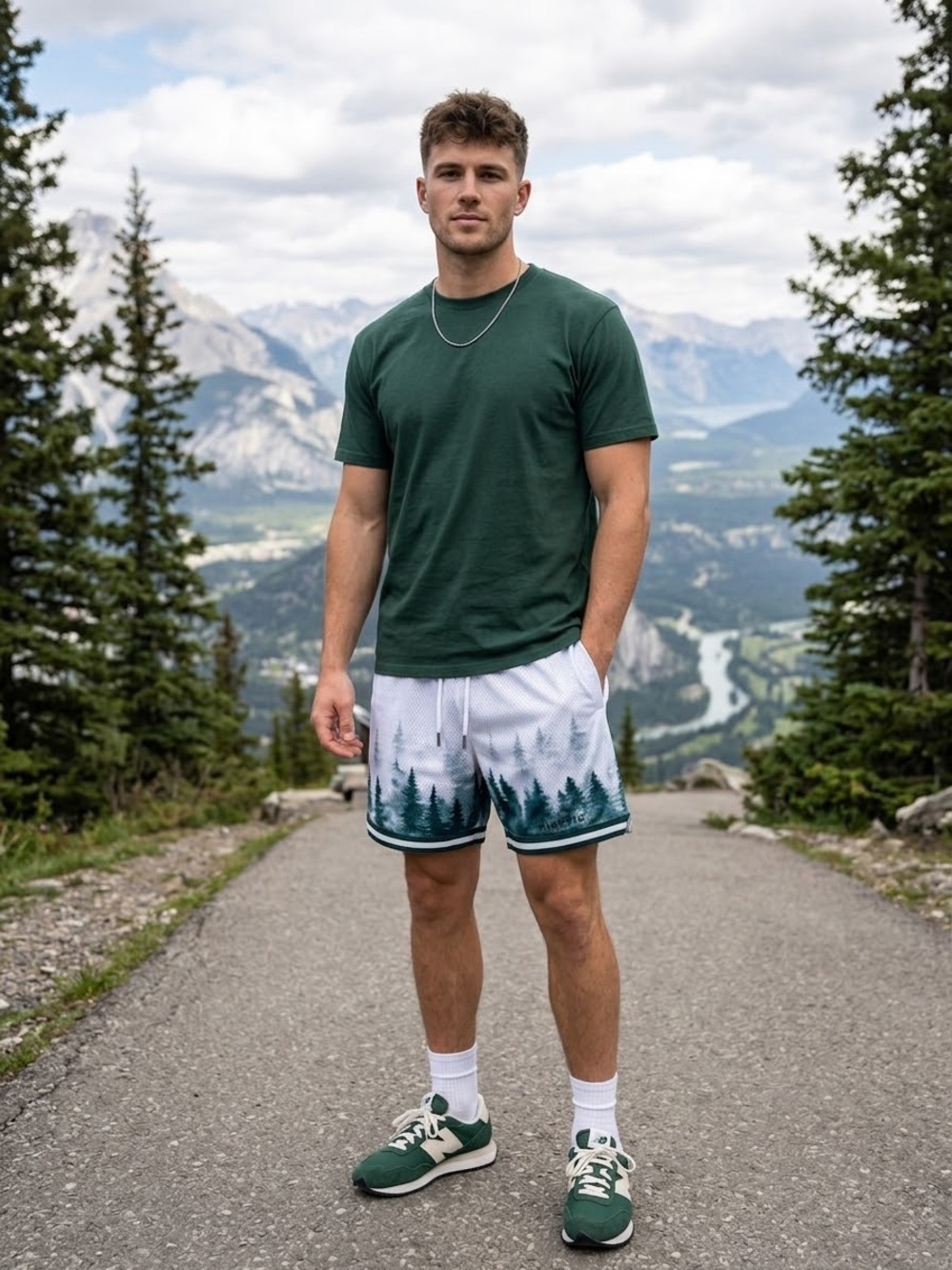 Kinetic Kings Men's Forest Print Athletic Shorts - White/Green